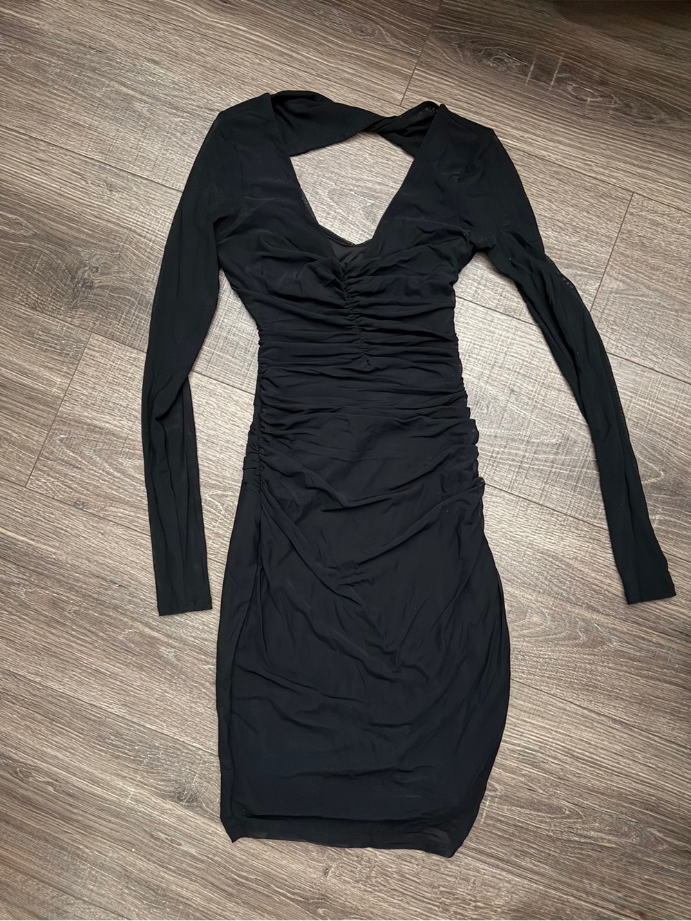 Guess Black Long Sleeve Ruched V-Neck Dress